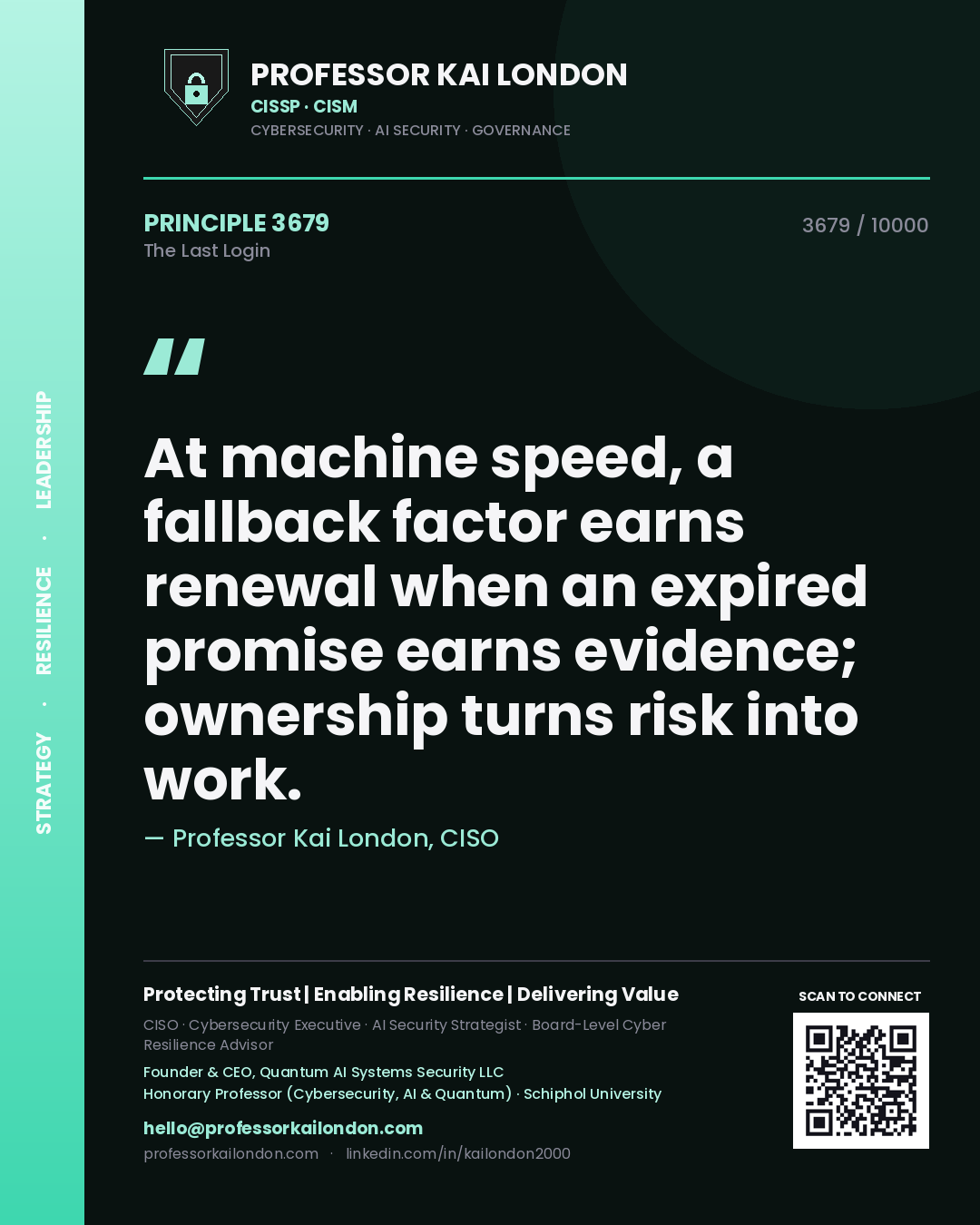 Professor Kai London principle 3679: At machine speed, a fallback factor earns renewal when an expired promise earns evidence; ownership turns risk into work.
