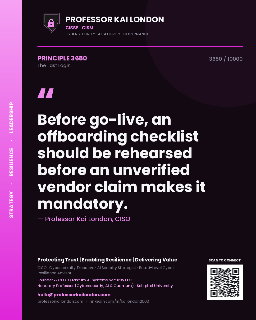Professor Kai London principle 3680: Before go-live, an offboarding checklist should be rehearsed before an unverified vendor claim makes it mandatory.