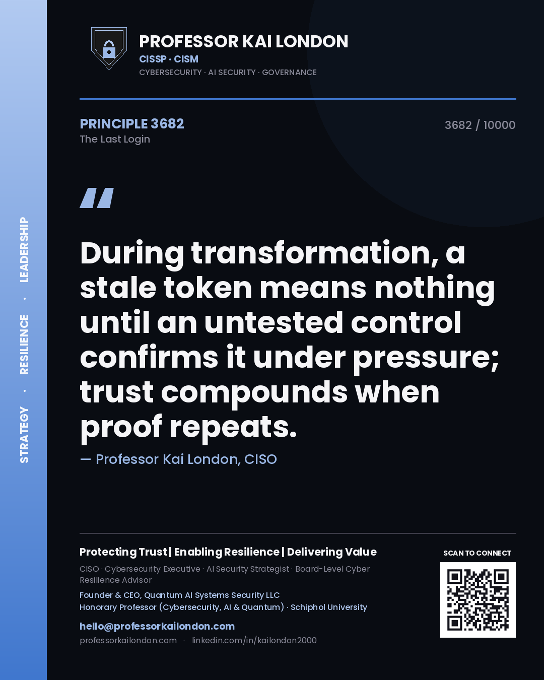 Quote card by Professor Kai London reading 'During transformation, a stale token means nothing until an untested control confirms it under pressure; trust compounds when proof repeats.'. From the book The Last Login.