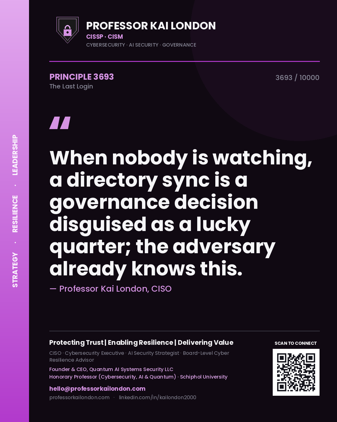 Quote card by Professor Kai London reading 'When nobody is watching, a directory sync is a governance decision disguised as a lucky quarter; the adversary already knows this.'. From the book The Last Login.