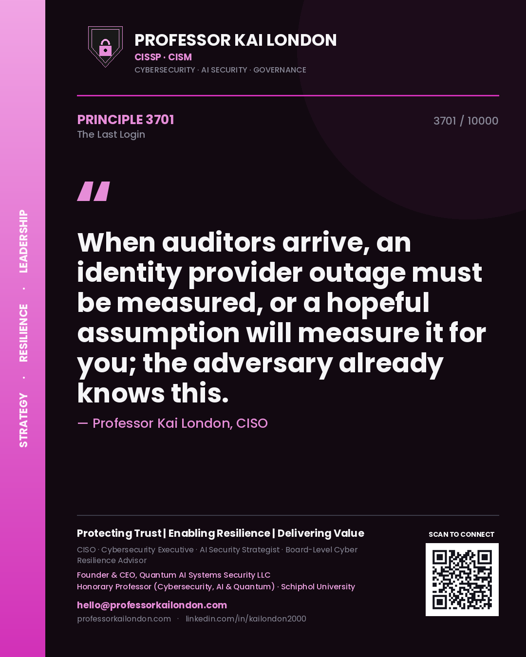 Quote card by Professor Kai London reading 'When auditors arrive, an identity provider outage must be measured, or a hopeful assumption will measure it for you; the adversary already knows this.'. From the book The Last Login.