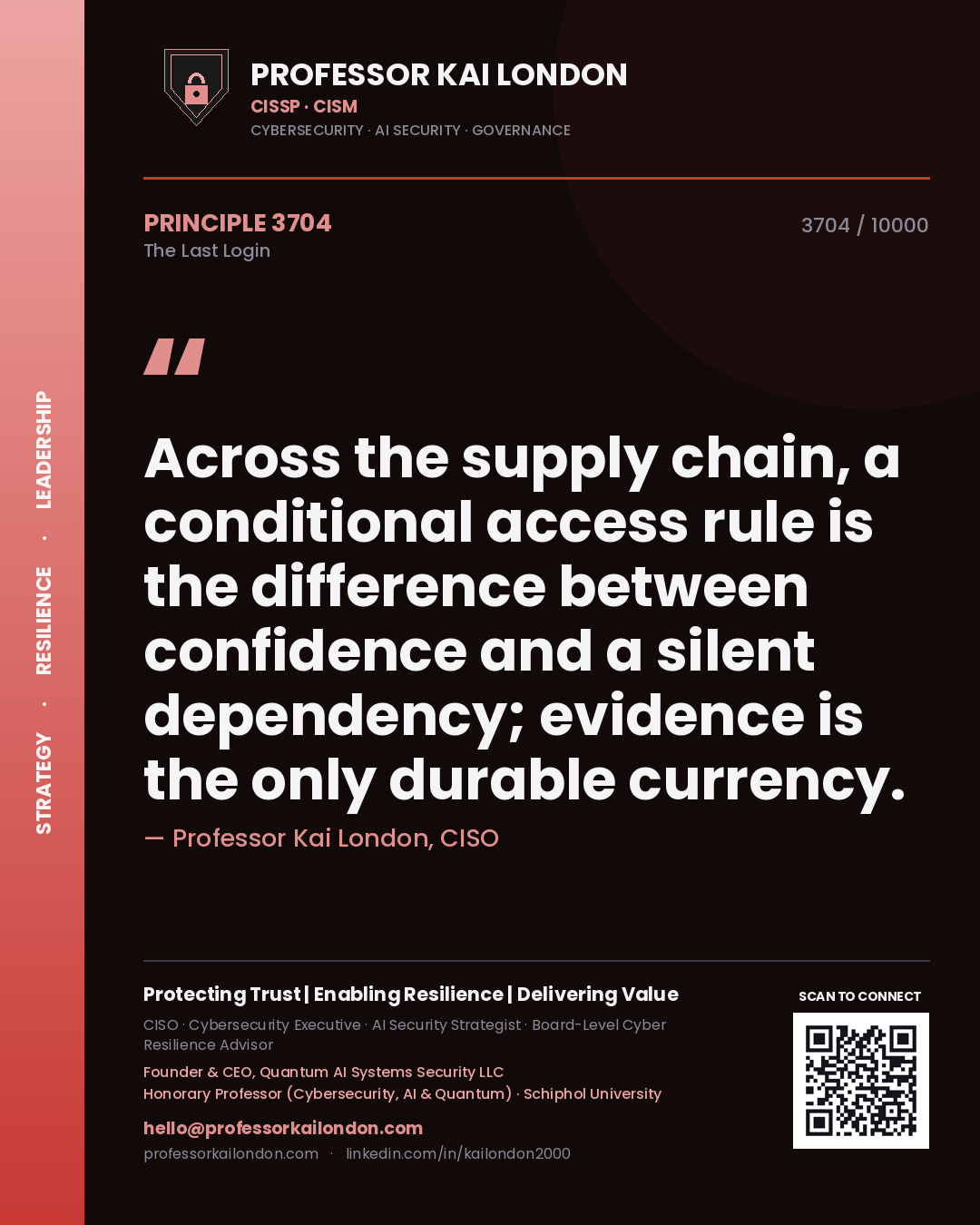 Quote card by Professor Kai London reading 'Across the supply chain, a conditional access rule is the difference between confidence and a silent dependency; evidence is the only durable currency.'. From the book The Last Login.