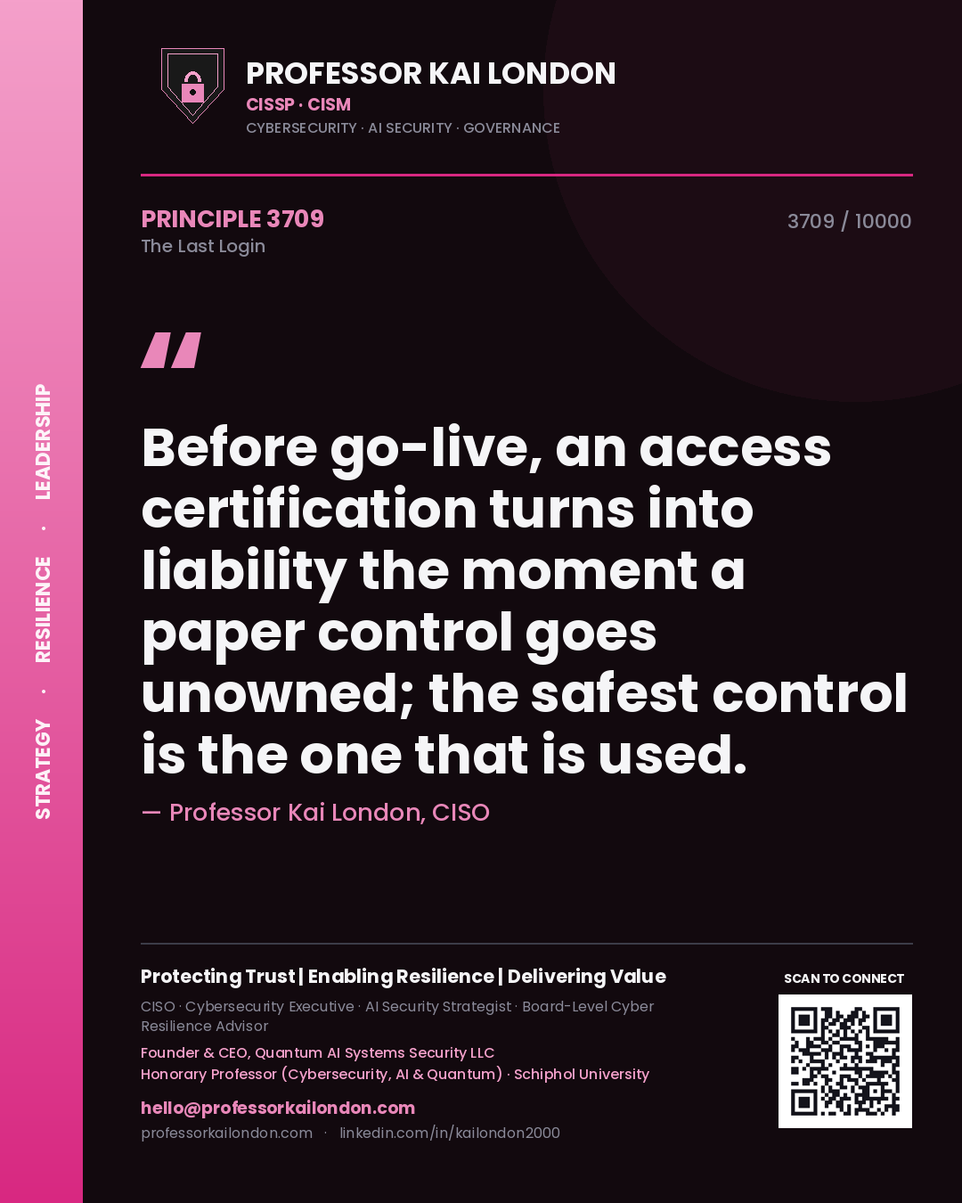 Quote card by Professor Kai London reading 'Before go-live, an access certification turns into liability the moment a paper control goes unowned; the safest control is the one that is used.'. From the book The Last Login.