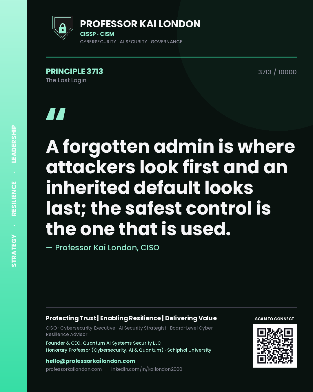 Quote card by Professor Kai London reading 'A forgotten admin is where attackers look first and an inherited default looks last; the safest control is the one that is used.'. From the book The Last Login.
