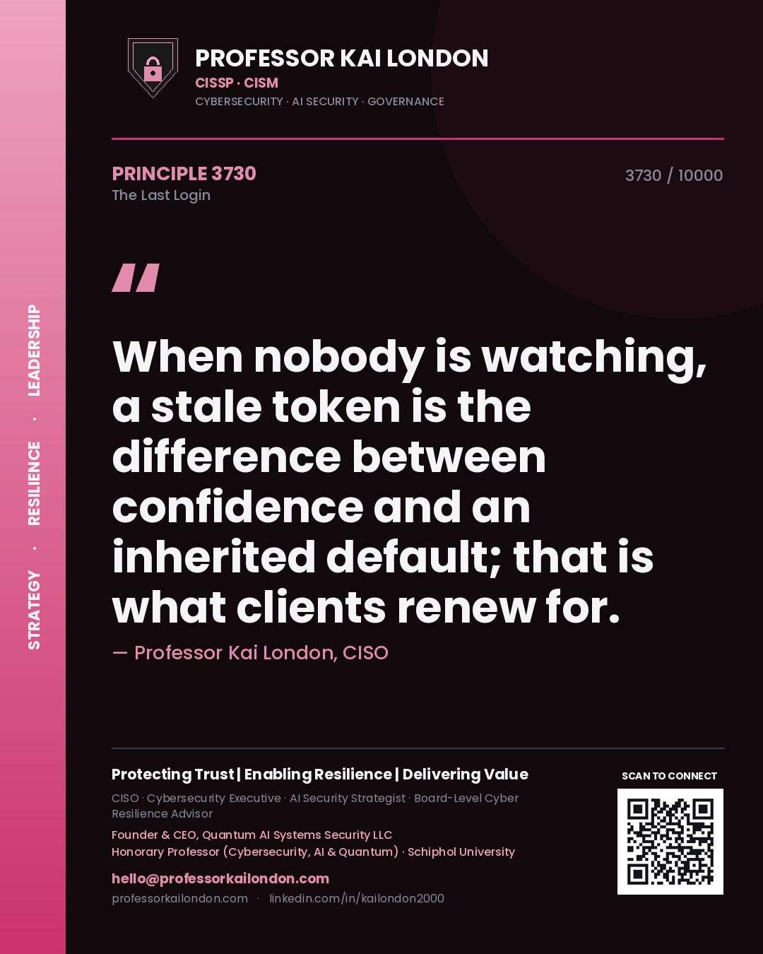 Professor Kai London principle 3730: When nobody is watching, a stale token is the difference between confidence and an inherited default; that is what clients renew for.