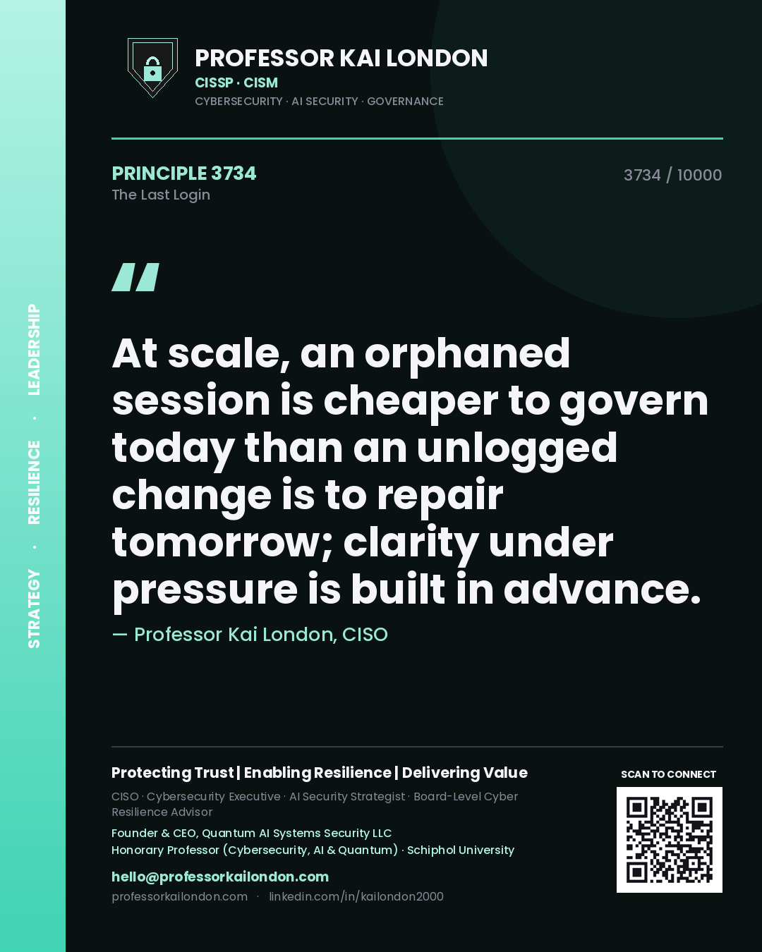 Professor Kai London principle 3734: At scale, an orphaned session is cheaper to govern today than an unlogged change is to repair tomorrow; clarity under pressure is built in advance.