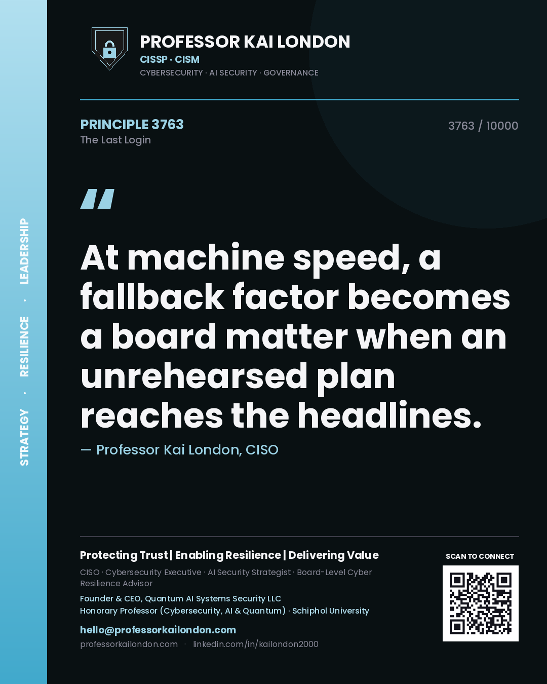 Professor Kai London principle 3763: At machine speed, a fallback factor becomes a board matter when an unrehearsed plan reaches the headlines.