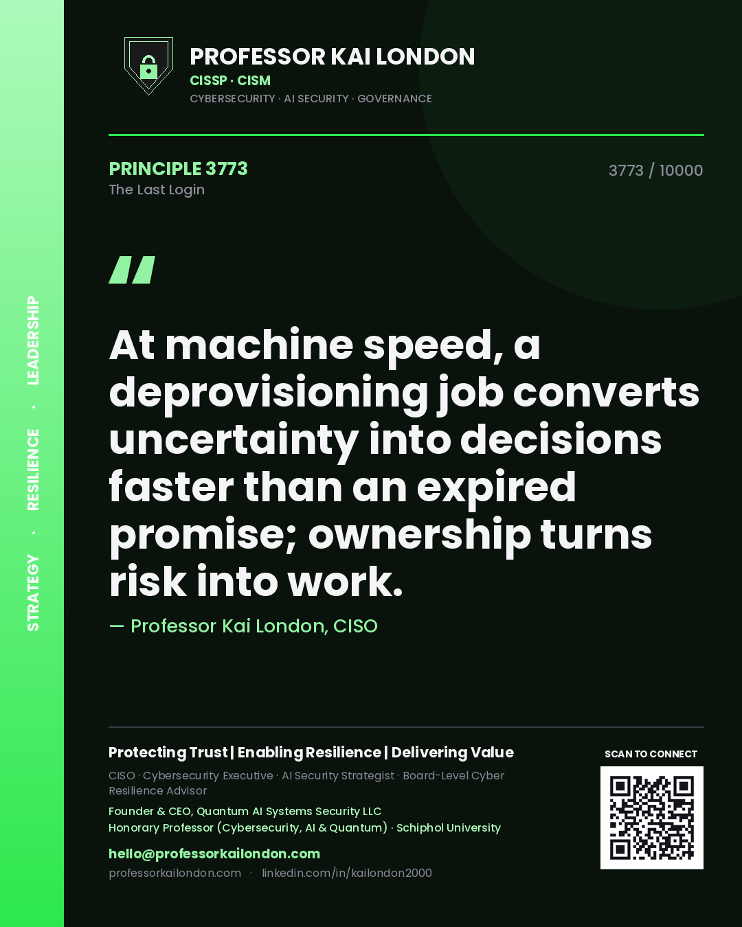 Professor Kai London principle 3773: At machine speed, a deprovisioning job converts uncertainty into decisions faster than an expired promise; ownership turns risk into work.