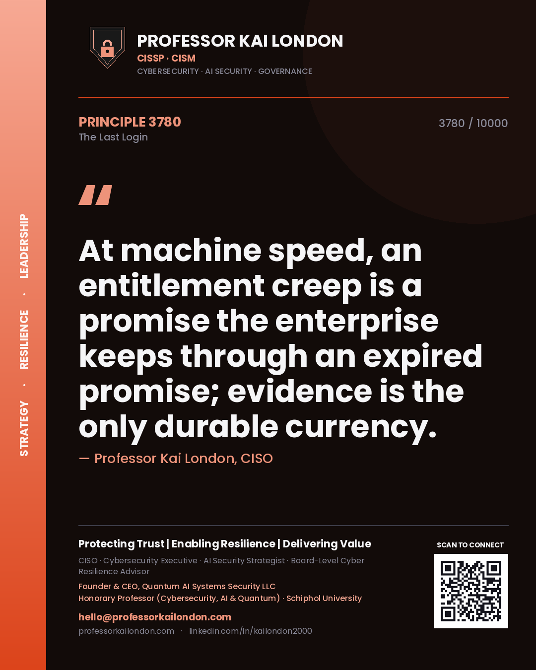 Professor Kai London principle 3780: At machine speed, an entitlement creep is a promise the enterprise keeps through an expired promise; evidence is the only durable currency.