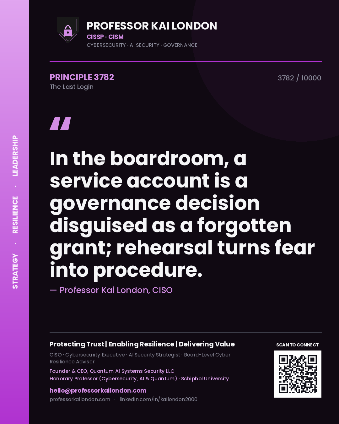 Quote card by Professor Kai London reading 'In the boardroom, a service account is a governance decision disguised as a forgotten grant; rehearsal turns fear into procedure.'. From the book The Last Login.