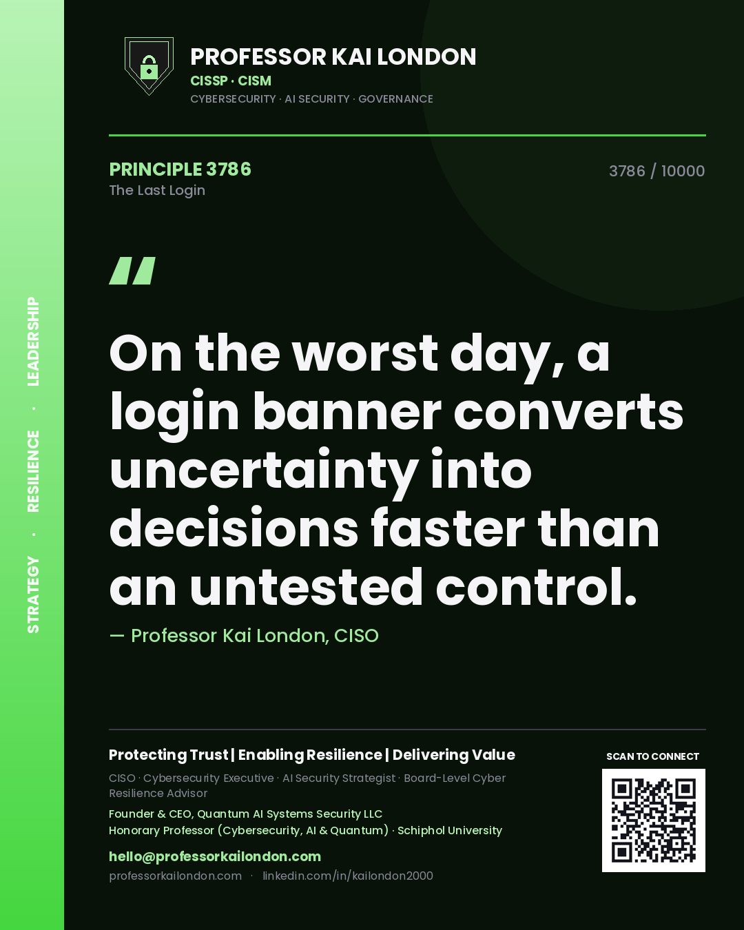 Quote card by Professor Kai London reading 'On the worst day, a login banner converts uncertainty into decisions faster than an untested control.'. From the book The Last Login.