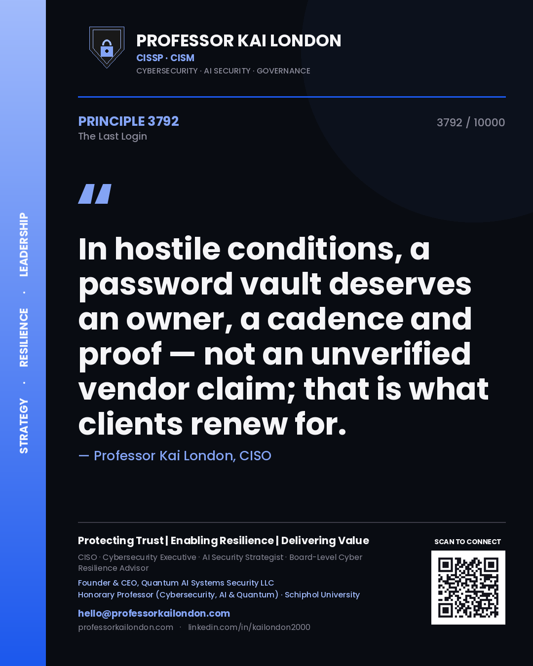 Quote card by Professor Kai London reading 'In hostile conditions, a password vault deserves an owner, a cadence and proof — not an unverified vendor claim; that is what clients renew for.'. From the book The Last Login.