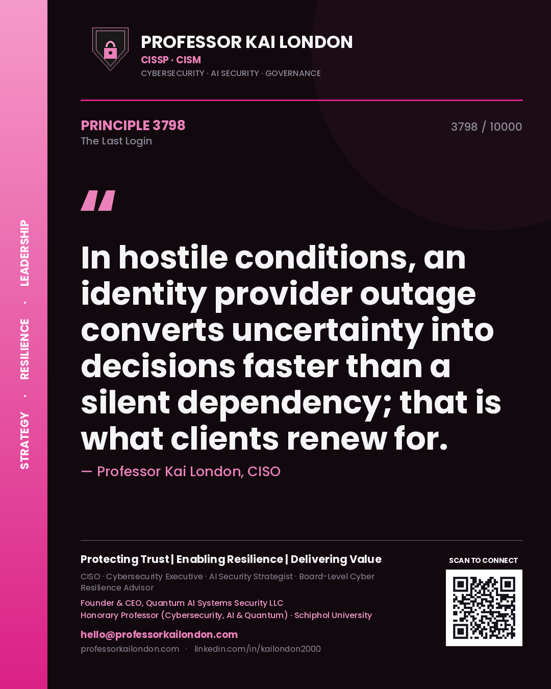 Quote card by Professor Kai London reading 'In hostile conditions, an identity provider outage converts uncertainty into decisions faster than a silent dependency; that is what clients renew for.'. From the book The Last Login.