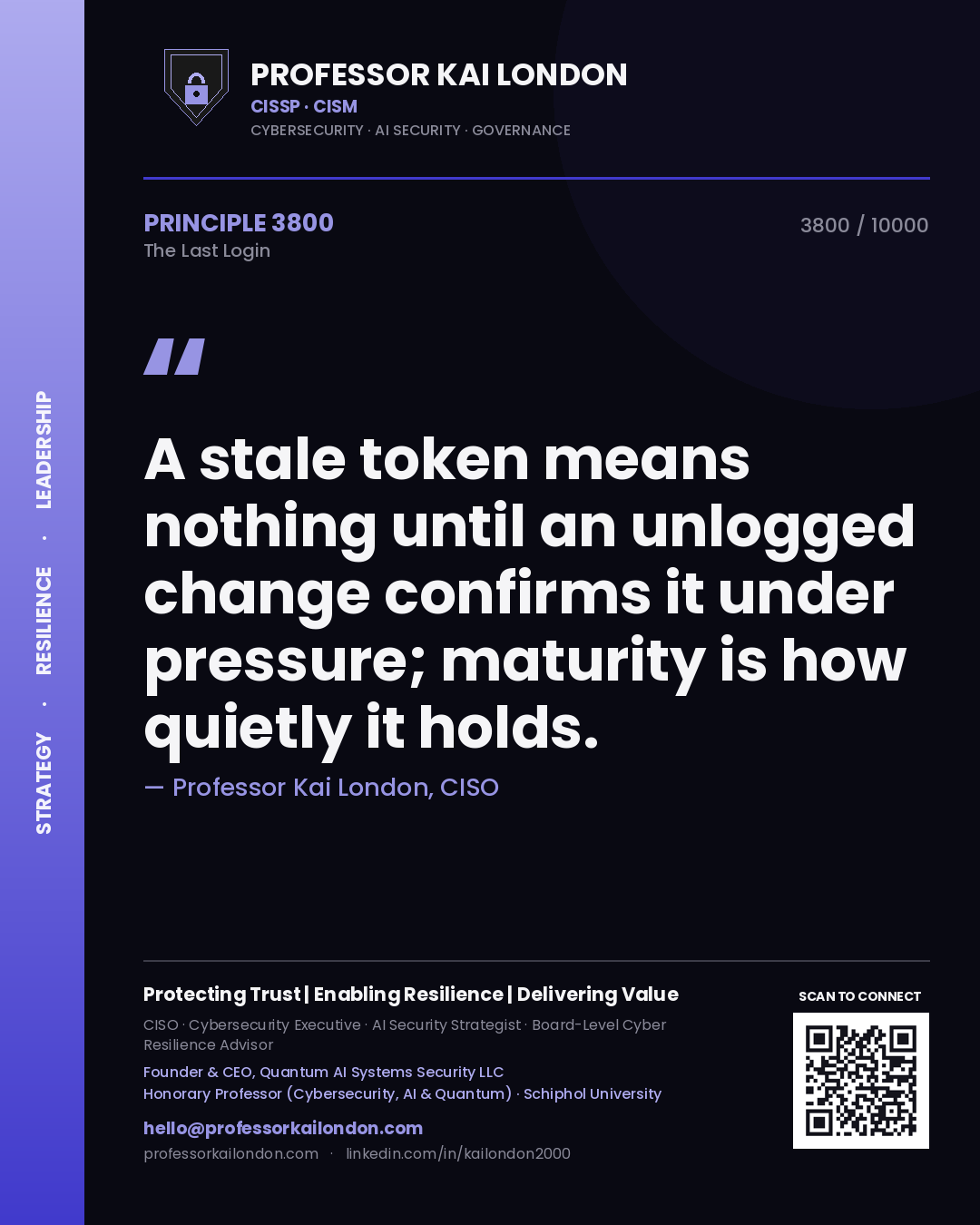 Professor Kai London principle 3800: A stale token means nothing until an unlogged change confirms it under pressure; maturity is how quietly it holds.