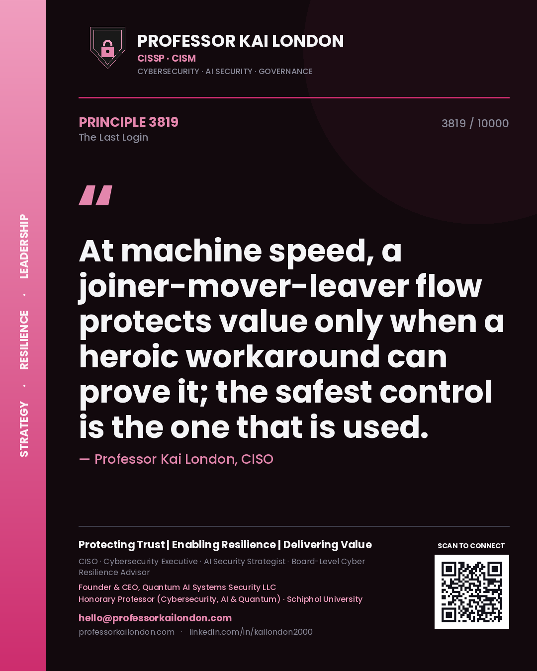 Professor Kai London principle 3819: At machine speed, a joiner-mover-leaver flow protects value only when a heroic workaround can prove it; the safest control is the one that is used.