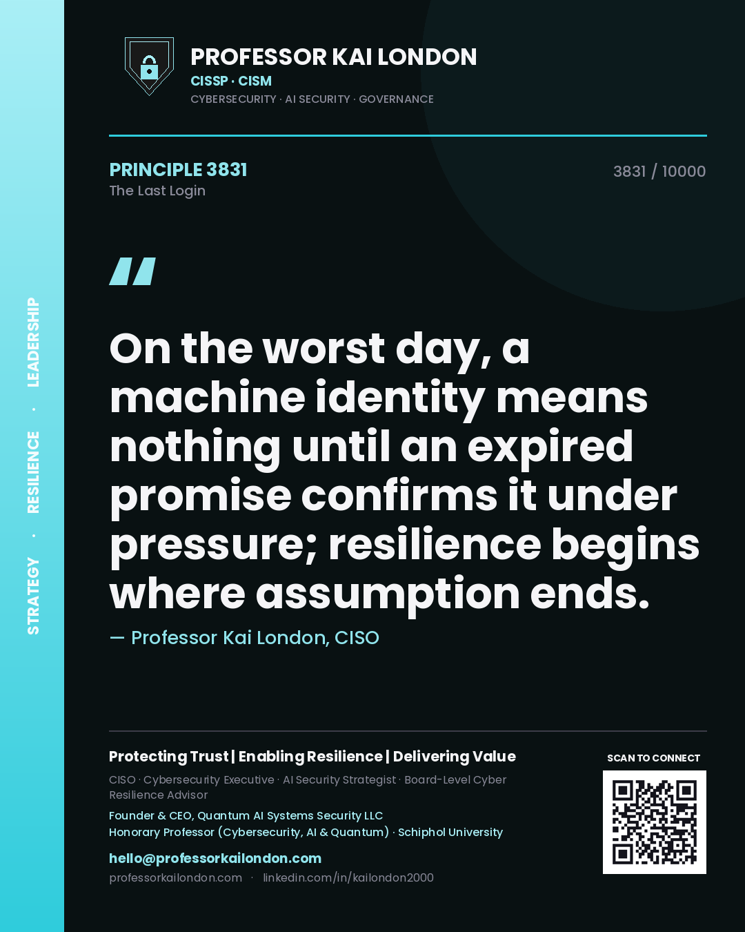 Professor Kai London principle 3831: On the worst day, a machine identity means nothing until an expired promise confirms it under pressure; resilience begins where assumption ends.