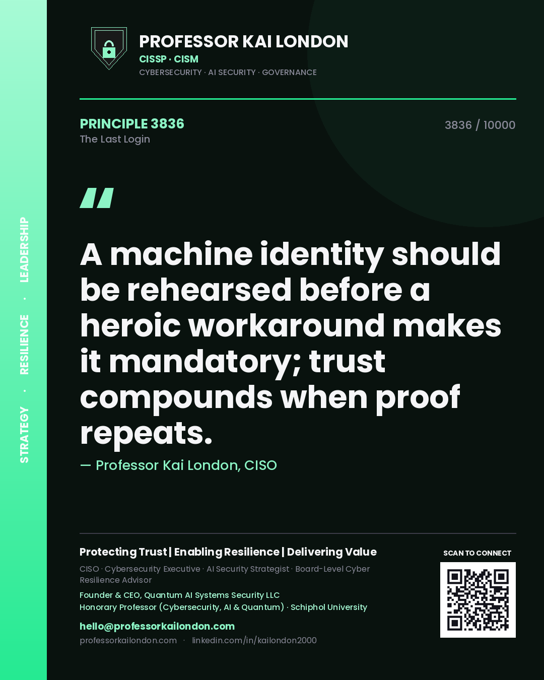 Professor Kai London principle 3836: A machine identity should be rehearsed before a heroic workaround makes it mandatory; trust compounds when proof repeats.