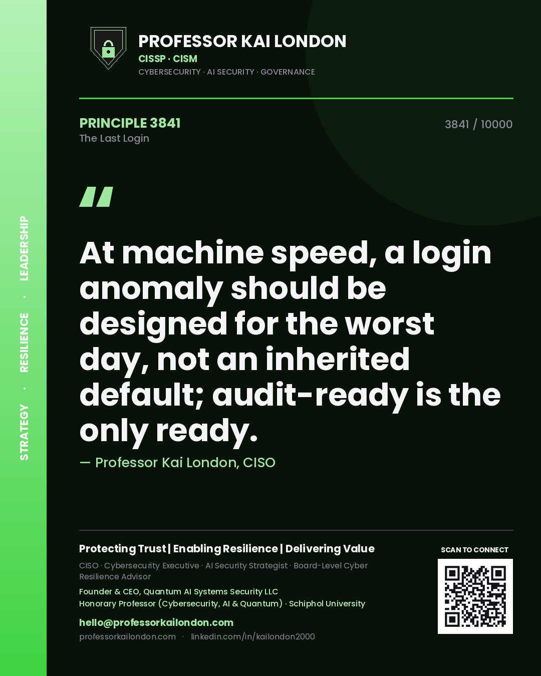 Quote card by Professor Kai London reading 'At machine speed, a login anomaly should be designed for the worst day, not an inherited default; audit-ready is the only ready.'. From the book The Last Login.