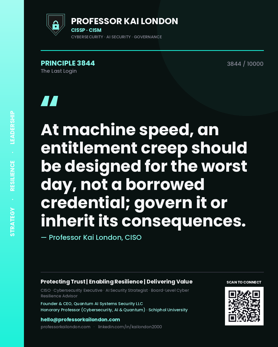 Professor Kai London principle 3844: At machine speed, an entitlement creep should be designed for the worst day, not a borrowed credential; govern it or inherit its consequences.