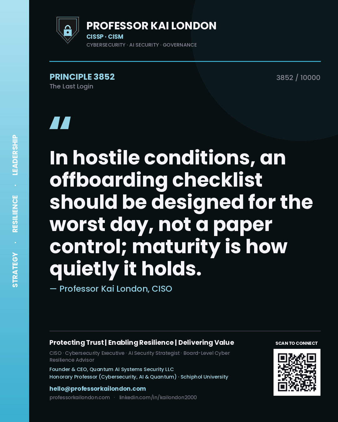Quote card by Professor Kai London reading 'In hostile conditions, an offboarding checklist should be designed for the worst day, not a paper control; maturity is how quietly it holds.'. From the book The Last Login.
