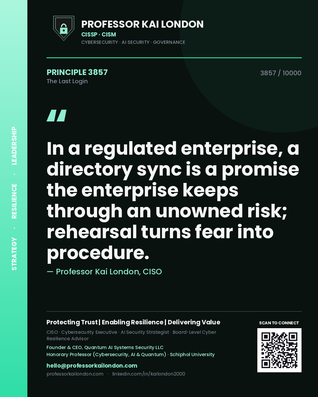 Quote card by Professor Kai London reading 'In a regulated enterprise, a directory sync is a promise the enterprise keeps through an unowned risk; rehearsal turns fear into procedure.'. From the book The Last Login.