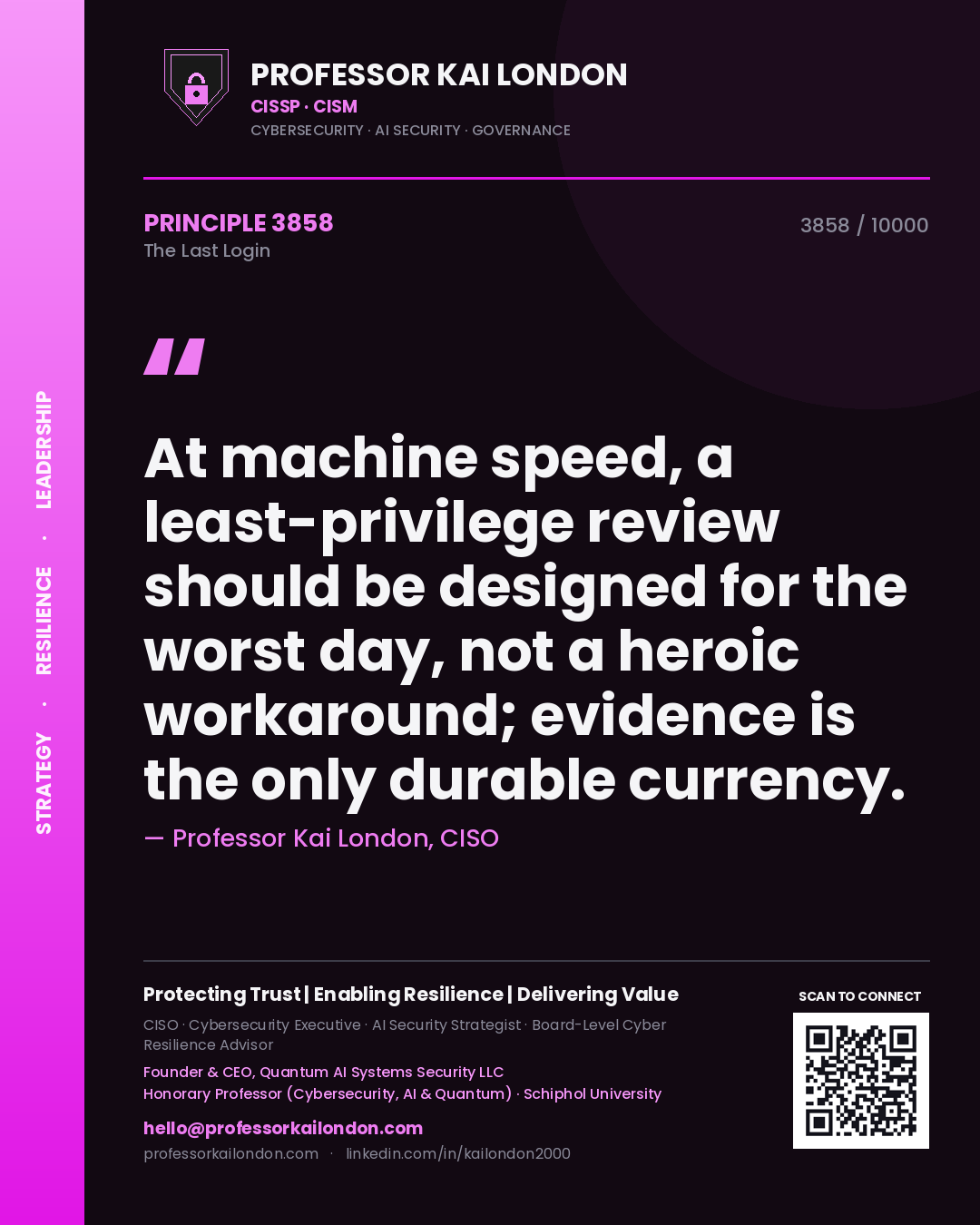 Professor Kai London principle 3858: At machine speed, a least-privilege review should be designed for the worst day, not a heroic workaround; evidence is the only durable currency.