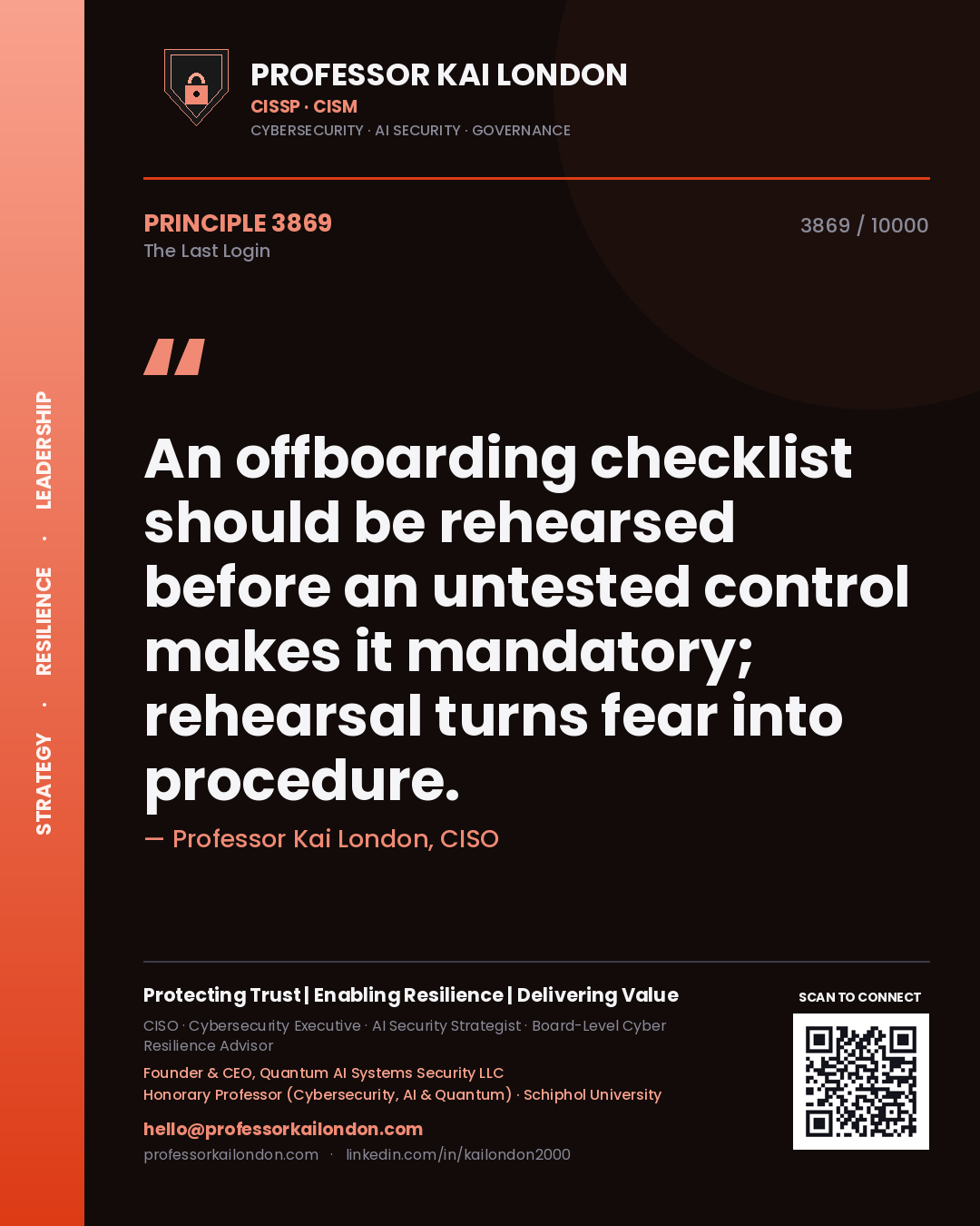 Quote card by Professor Kai London reading 'An offboarding checklist should be rehearsed before an untested control makes it mandatory; rehearsal turns fear into procedure.'. From the book The Last Login.