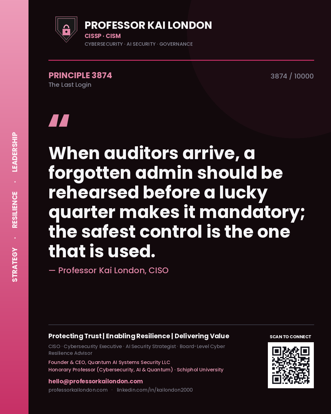 Professor Kai London principle 3874: When auditors arrive, a forgotten admin should be rehearsed before a lucky quarter makes it mandatory; the safest control is the one that is used.