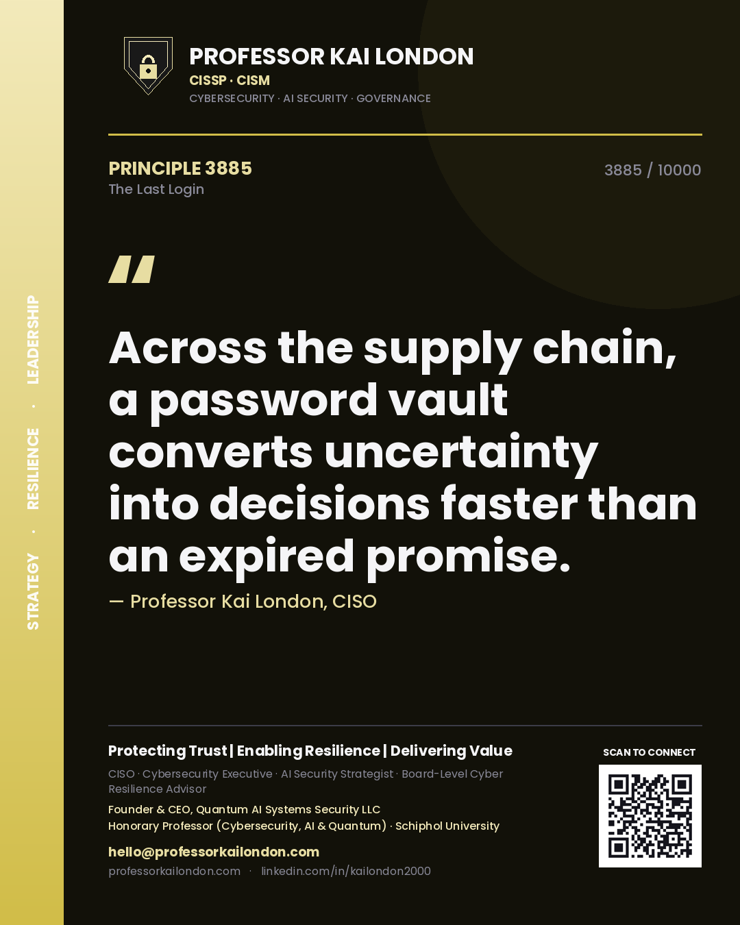 Quote card by Professor Kai London reading 'Across the supply chain, a password vault converts uncertainty into decisions faster than an expired promise.'. From the book The Last Login.