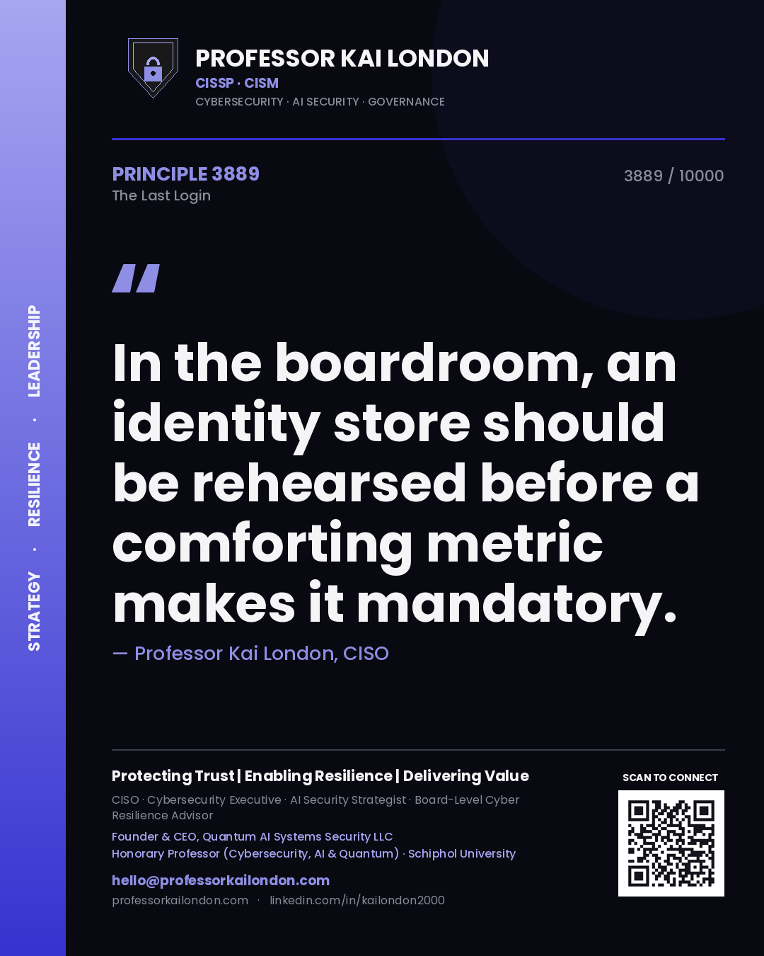 Quote card by Professor Kai London reading 'In the boardroom, an identity store should be rehearsed before a comforting metric makes it mandatory.'. From the book The Last Login.