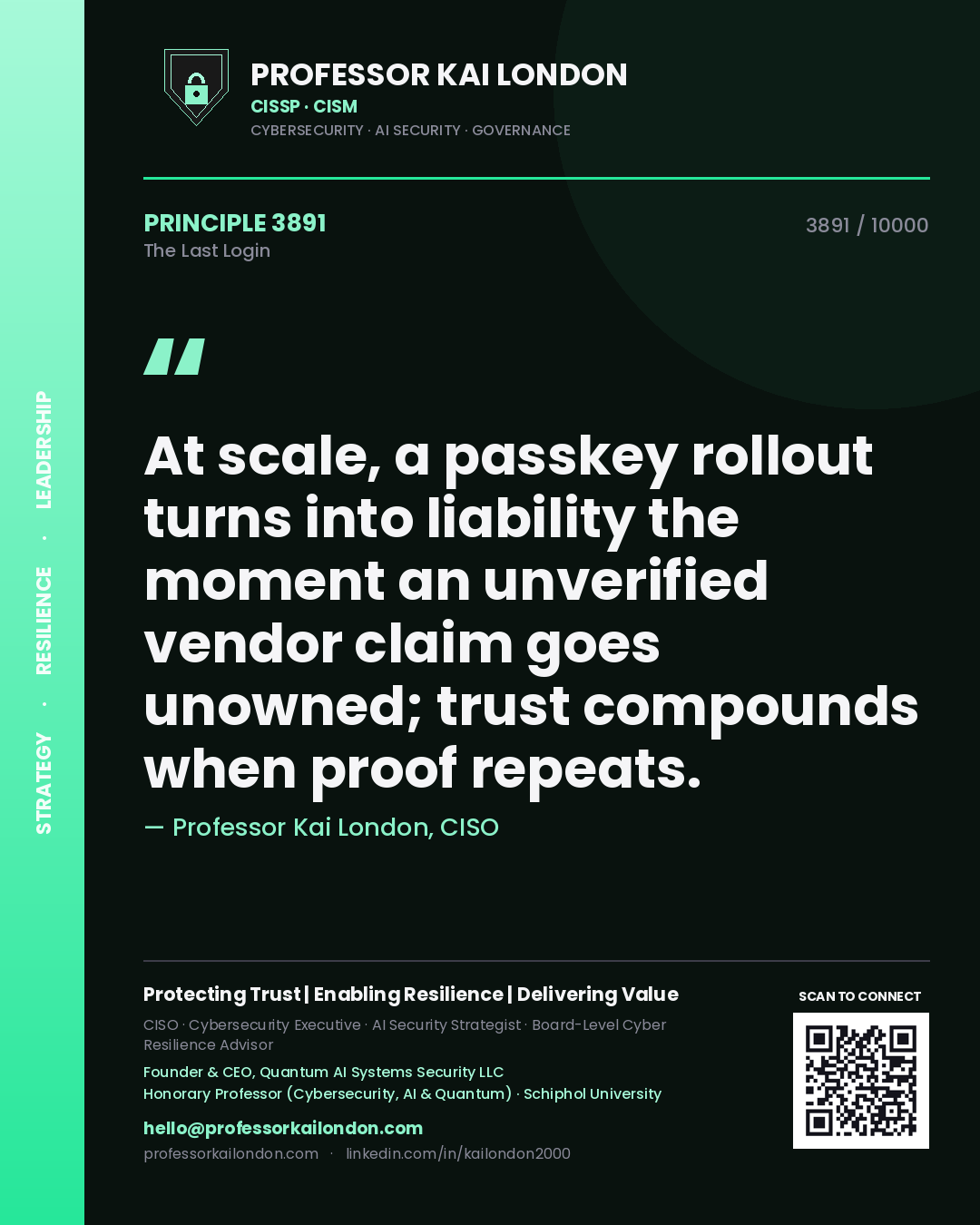 Professor Kai London principle 3891: At scale, a passkey rollout turns into liability the moment an unverified vendor claim goes unowned; trust compounds when proof repeats.
