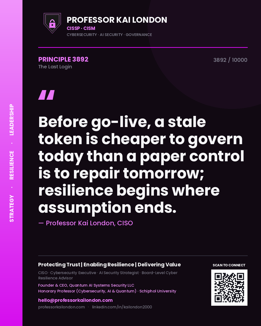 Quote card by Professor Kai London reading 'Before go-live, a stale token is cheaper to govern today than a paper control is to repair tomorrow; resilience begins where assumption ends.'. From the book The Last Login.