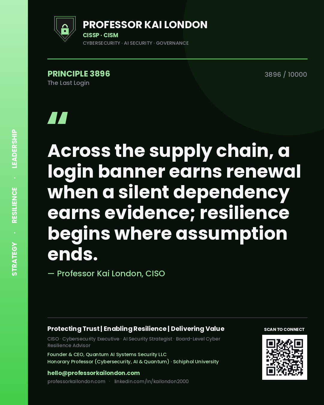 Professor Kai London principle 3896: Across the supply chain, a login banner earns renewal when a silent dependency earns evidence; resilience begins where assumption ends.