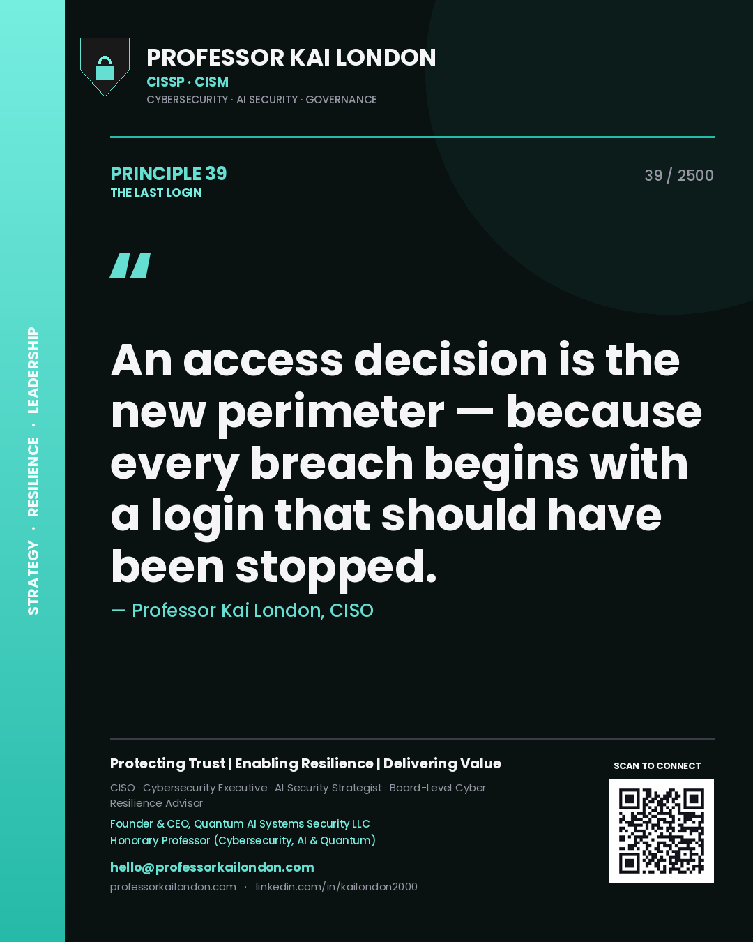 Quote card by Professor Kai London reading 'An access decision is the new perimeter — because every breach begins with a login that should have been stopped.'. From the book The Last Login.