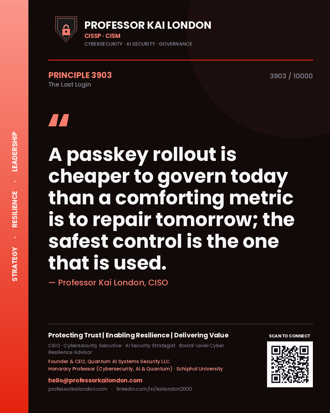 Quote card by Professor Kai London reading 'A passkey rollout is cheaper to govern today than a comforting metric is to repair tomorrow; the safest control is the one that is used.'. From the book The Last Login.