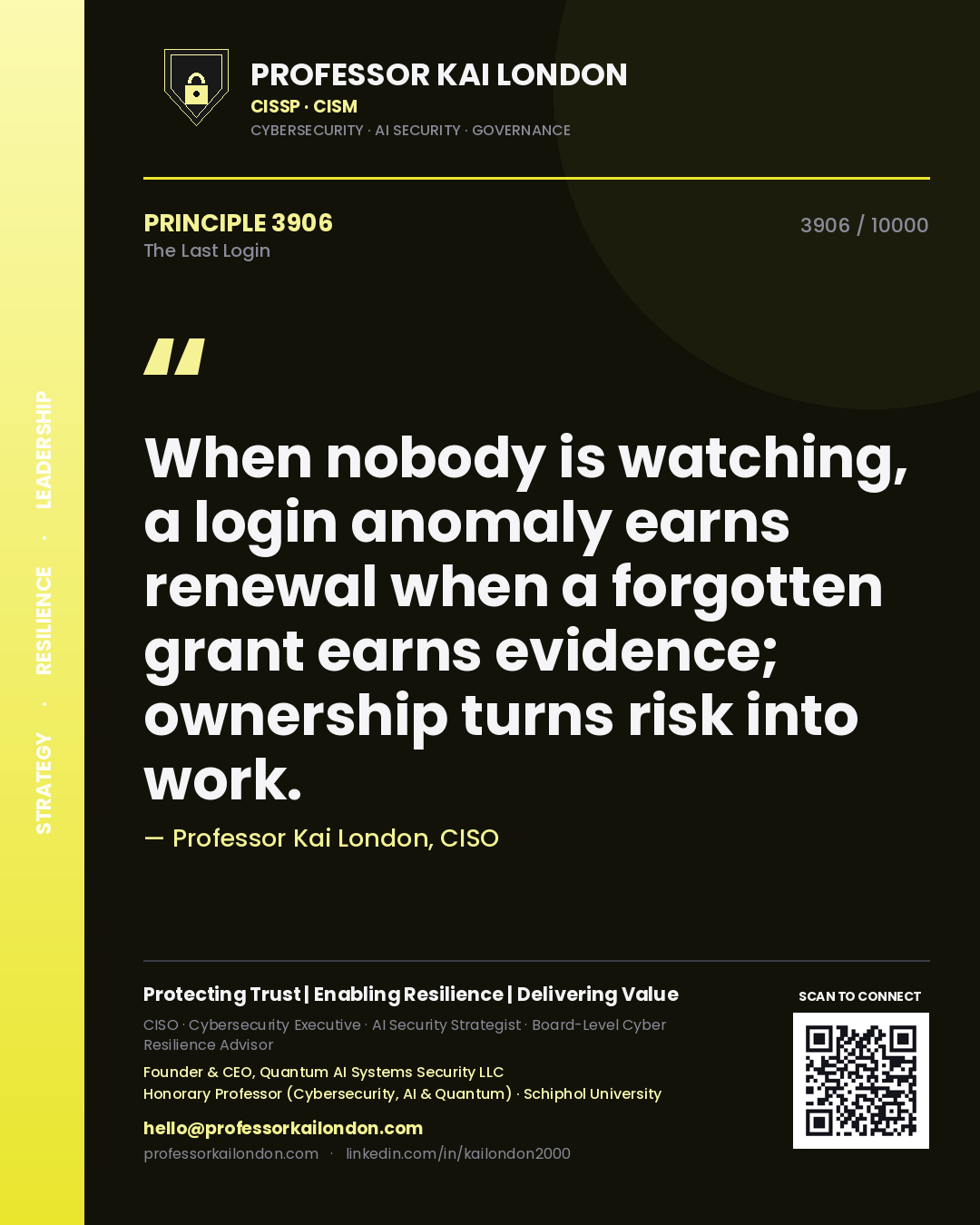 Quote card by Professor Kai London reading 'When nobody is watching, a login anomaly earns renewal when a forgotten grant earns evidence; ownership turns risk into work.'. From the book The Last Login.