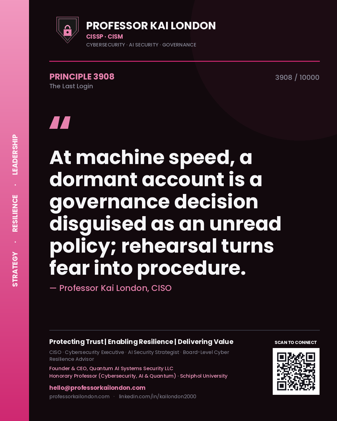 Quote card by Professor Kai London reading 'At machine speed, a dormant account is a governance decision disguised as an unread policy; rehearsal turns fear into procedure.'. From the book The Last Login.