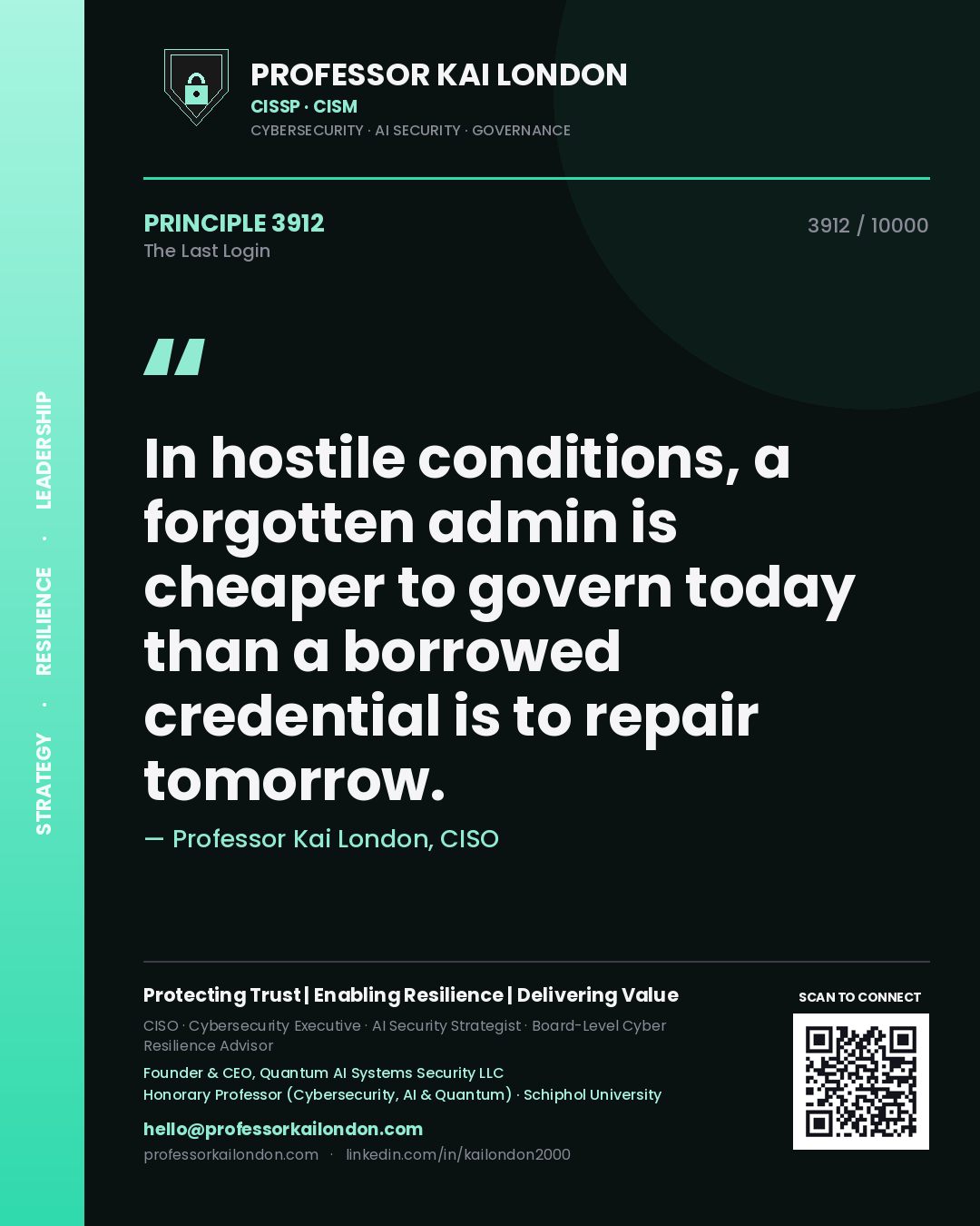 Quote card by Professor Kai London reading 'In hostile conditions, a forgotten admin is cheaper to govern today than a borrowed credential is to repair tomorrow.'. From the book The Last Login.