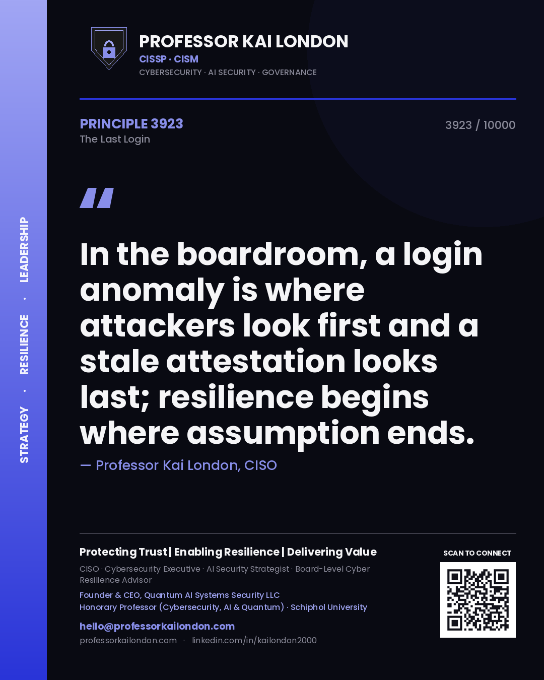 Professor Kai London principle 3923: In the boardroom, a login anomaly is where attackers look first and a stale attestation looks last; resilience begins where assumption ends.
