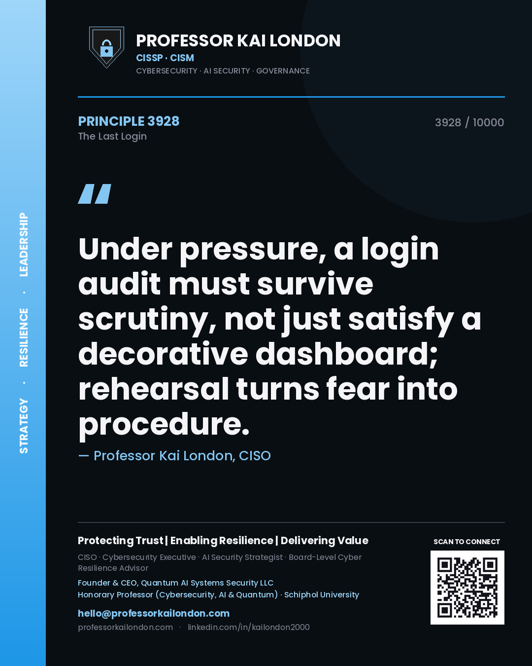 Quote card by Professor Kai London reading 'Under pressure, a login audit must survive scrutiny, not just satisfy a decorative dashboard; rehearsal turns fear into procedure.'. From the book The Last Login.