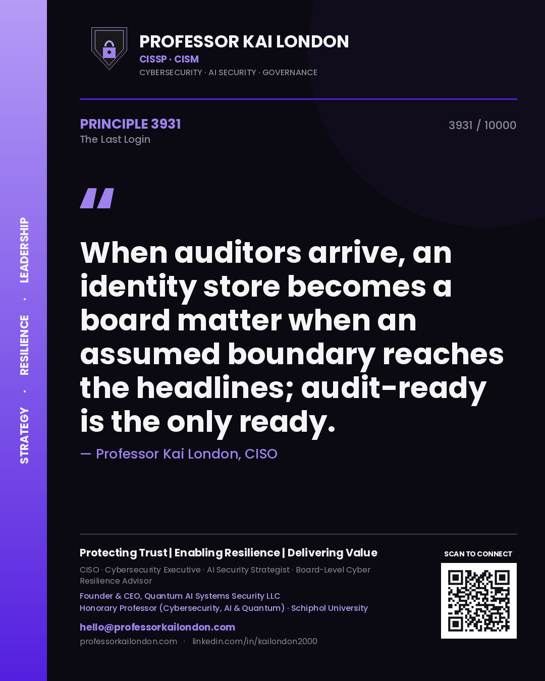 Quote card by Professor Kai London reading 'When auditors arrive, an identity store becomes a board matter when an assumed boundary reaches the headlines; audit-ready is the only ready.'. From the book The Last Login.