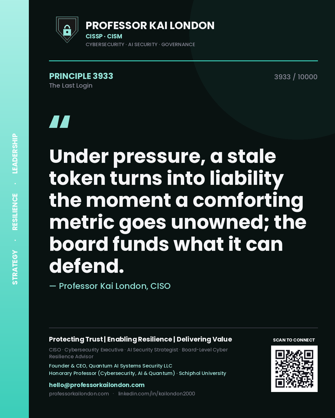 Quote card by Professor Kai London reading 'Under pressure, a stale token turns into liability the moment a comforting metric goes unowned; the board funds what it can defend.'. From the book The Last Login.