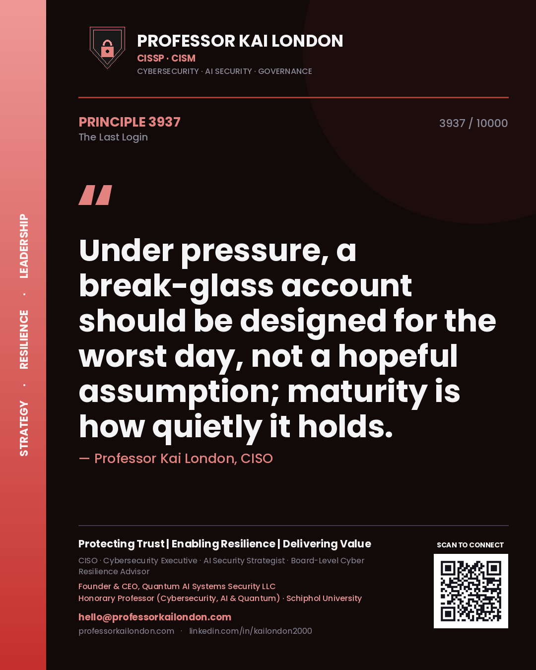 Quote card by Professor Kai London reading 'Under pressure, a break-glass account should be designed for the worst day, not a hopeful assumption; maturity is how quietly it holds.'. From the book The Last Login.