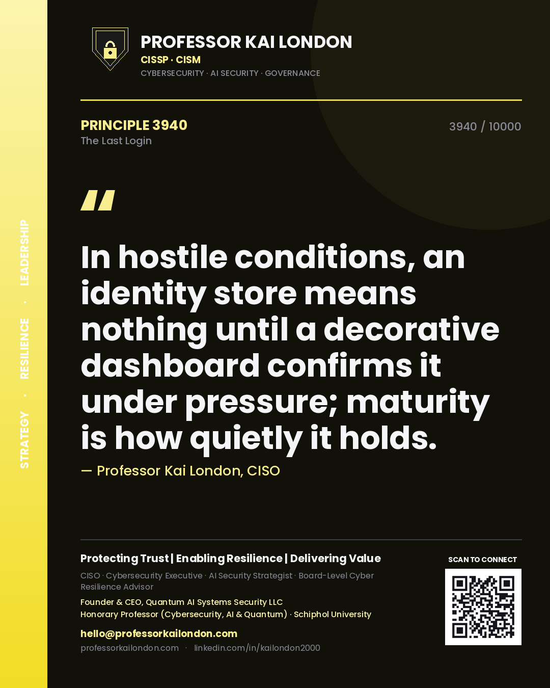 Quote card by Professor Kai London reading 'In hostile conditions, an identity store means nothing until a decorative dashboard confirms it under pressure; maturity is how quietly it holds.'. From the book The Last Login.