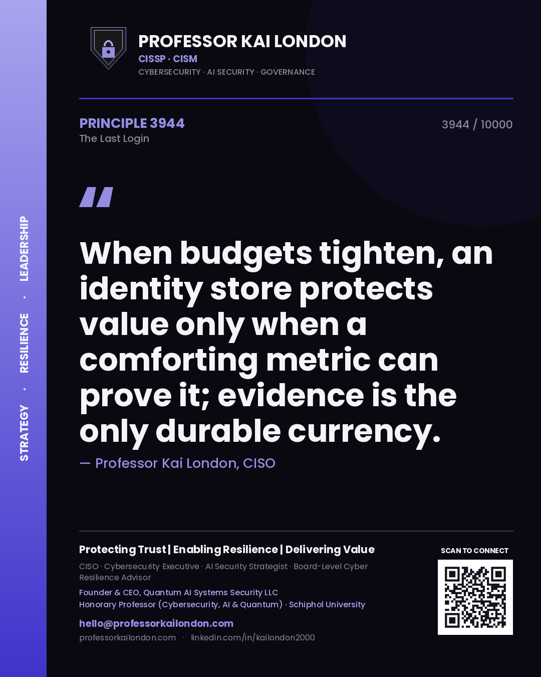 Quote card by Professor Kai London reading 'When budgets tighten, an identity store protects value only when a comforting metric can prove it; evidence is the only durable currency.'. From the book The Last Login.