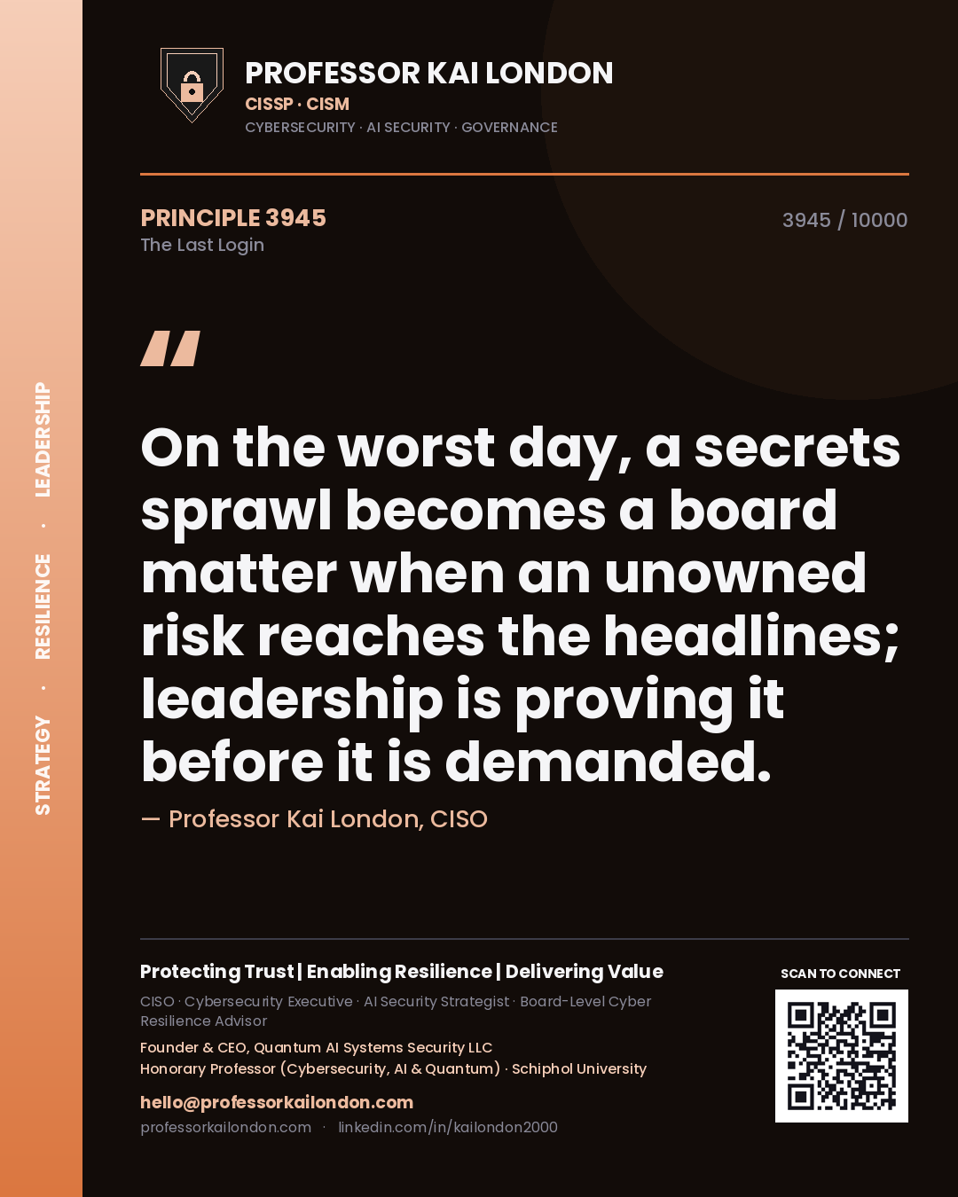 Quote card by Professor Kai London reading 'On the worst day, a secrets sprawl becomes a board matter when an unowned risk reaches the headlines; leadership is proving it before it is demanded.'. From the book The Last Login.