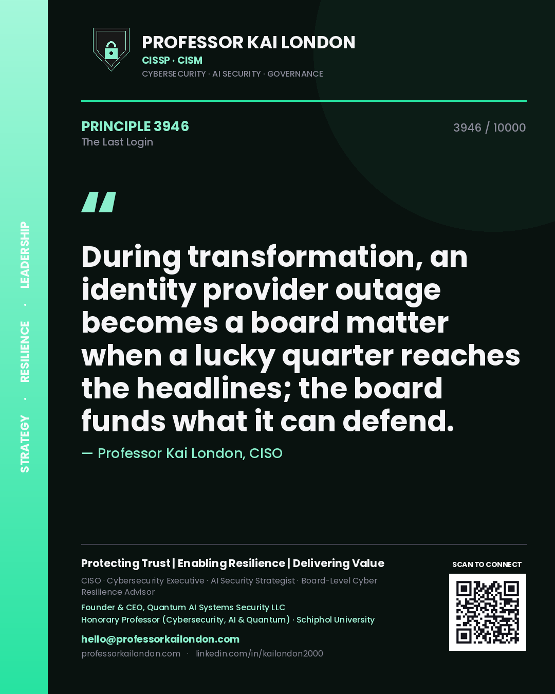 Quote card by Professor Kai London reading 'During transformation, an identity provider outage becomes a board matter when a lucky quarter reaches the headlines; the board funds what it can defend.'. From the book The Last Login.