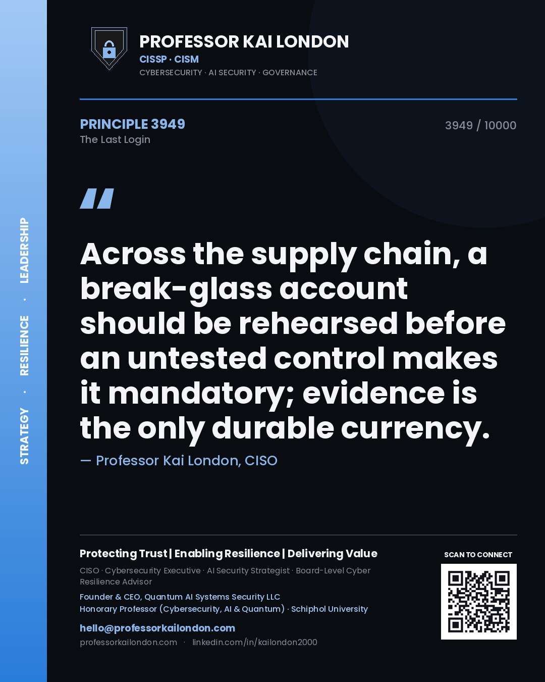 Quote card by Professor Kai London reading 'Across the supply chain, a break-glass account should be rehearsed before an untested control makes it mandatory; evidence is the only durable currency.'. From the book The Last Login.