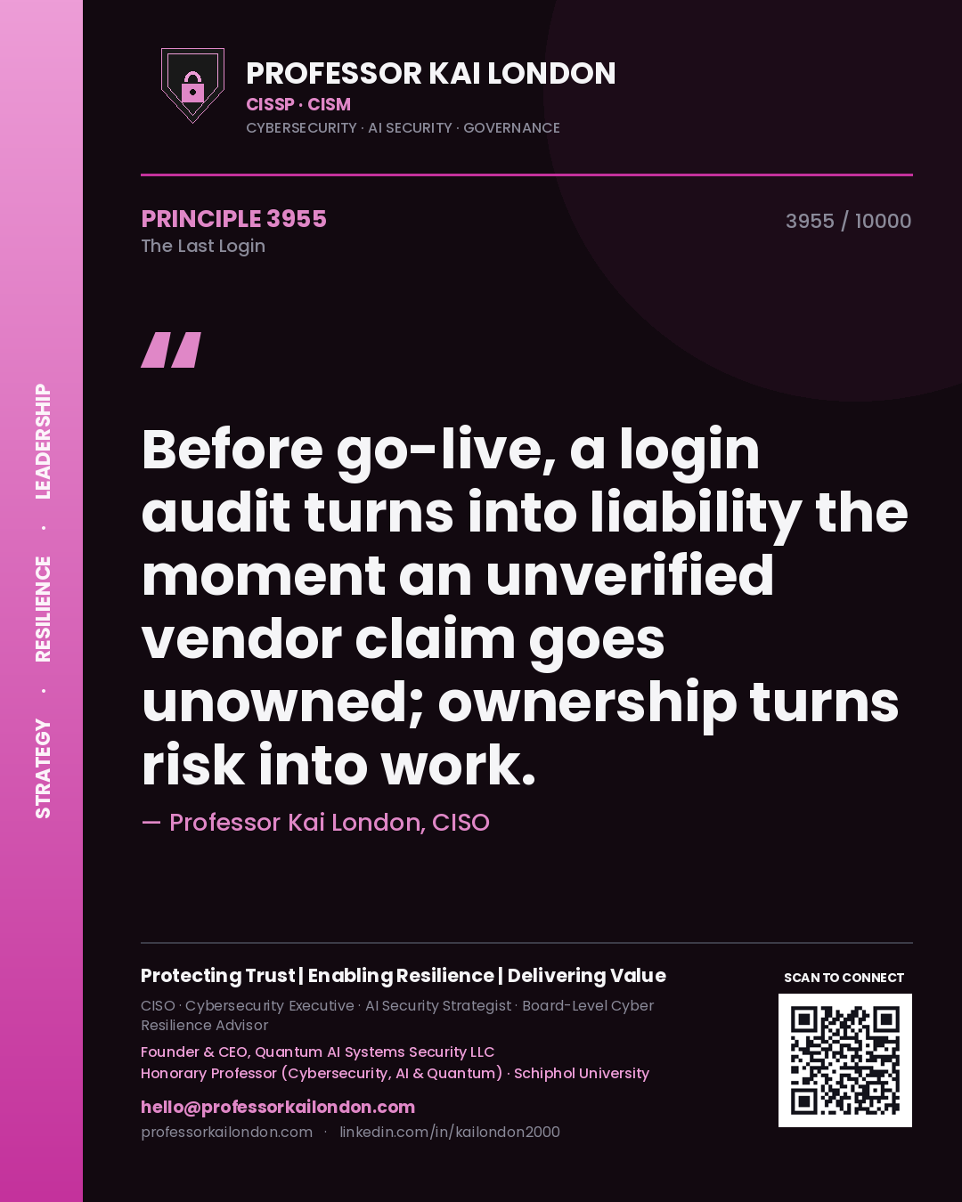 Quote card by Professor Kai London reading 'Before go-live, a login audit turns into liability the moment an unverified vendor claim goes unowned; ownership turns risk into work.'. From the book The Last Login.