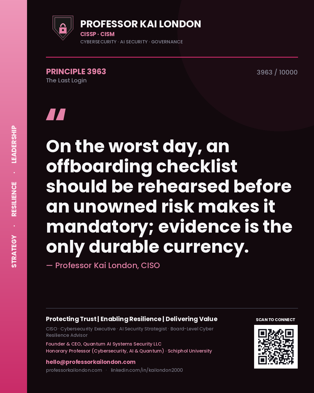 Quote card by Professor Kai London reading 'On the worst day, an offboarding checklist should be rehearsed before an unowned risk makes it mandatory; evidence is the only durable currency.'. From the book The Last Login.